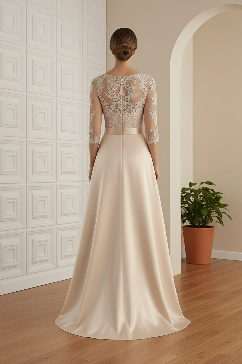 A-Line/Princess Scoop Satin Mother of the Bride Dresses 3/4 Sleeves Asymmetrical Floor-Length Illusion Lace Belt