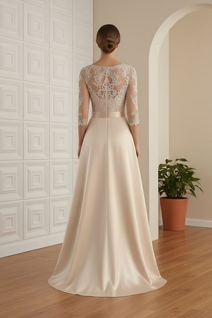 A-Line/Princess Scoop Satin Mother of the Bride Dresses 3/4 Sleeves Asymmetrical Floor-Length Illusion Lace Belt