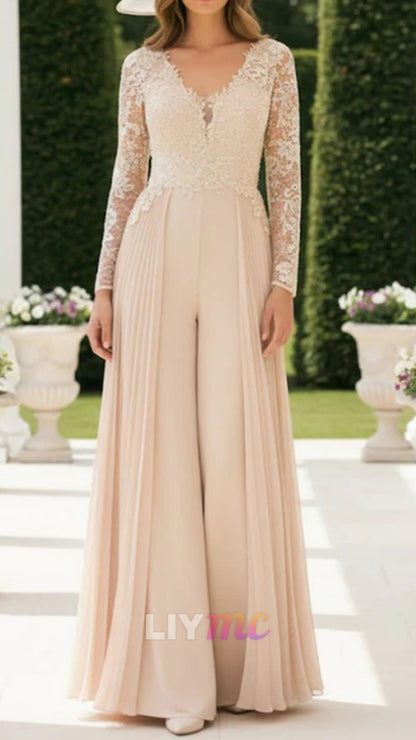 Chiffon V-Neck Floor-Length Mother of the Bride Jumpsuits Lace Long Sleeves