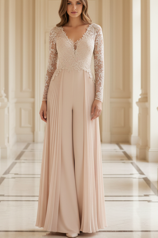 Chiffon V-Neck Floor-Length Mother of the Bride Jumpsuits Lace Long Sleeves