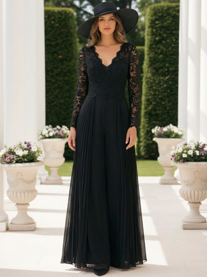 Chiffon V-Neck Floor-Length Mother of the Bride Jumpsuits Lace Long Sleeves