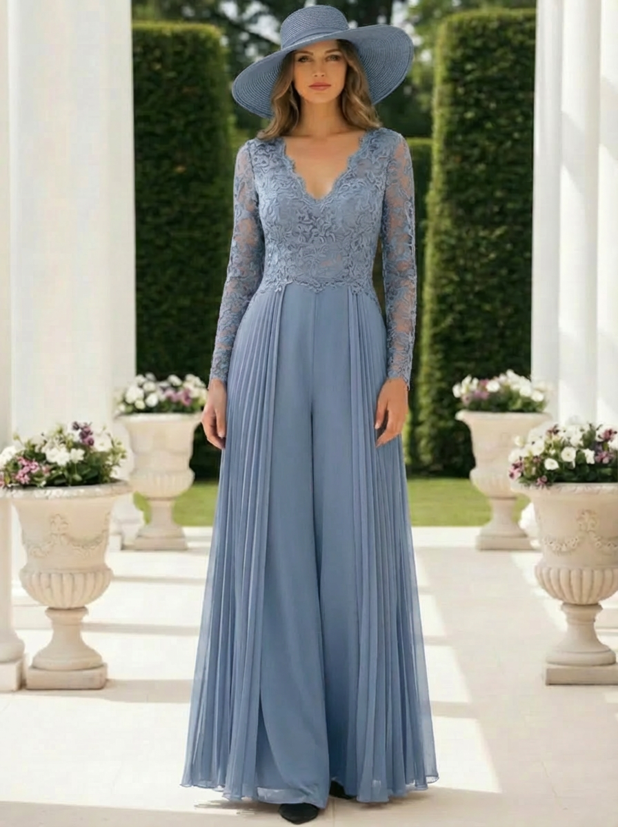 Chiffon V-Neck Floor-Length Mother of the Bride Jumpsuits Lace Long Sleeves
