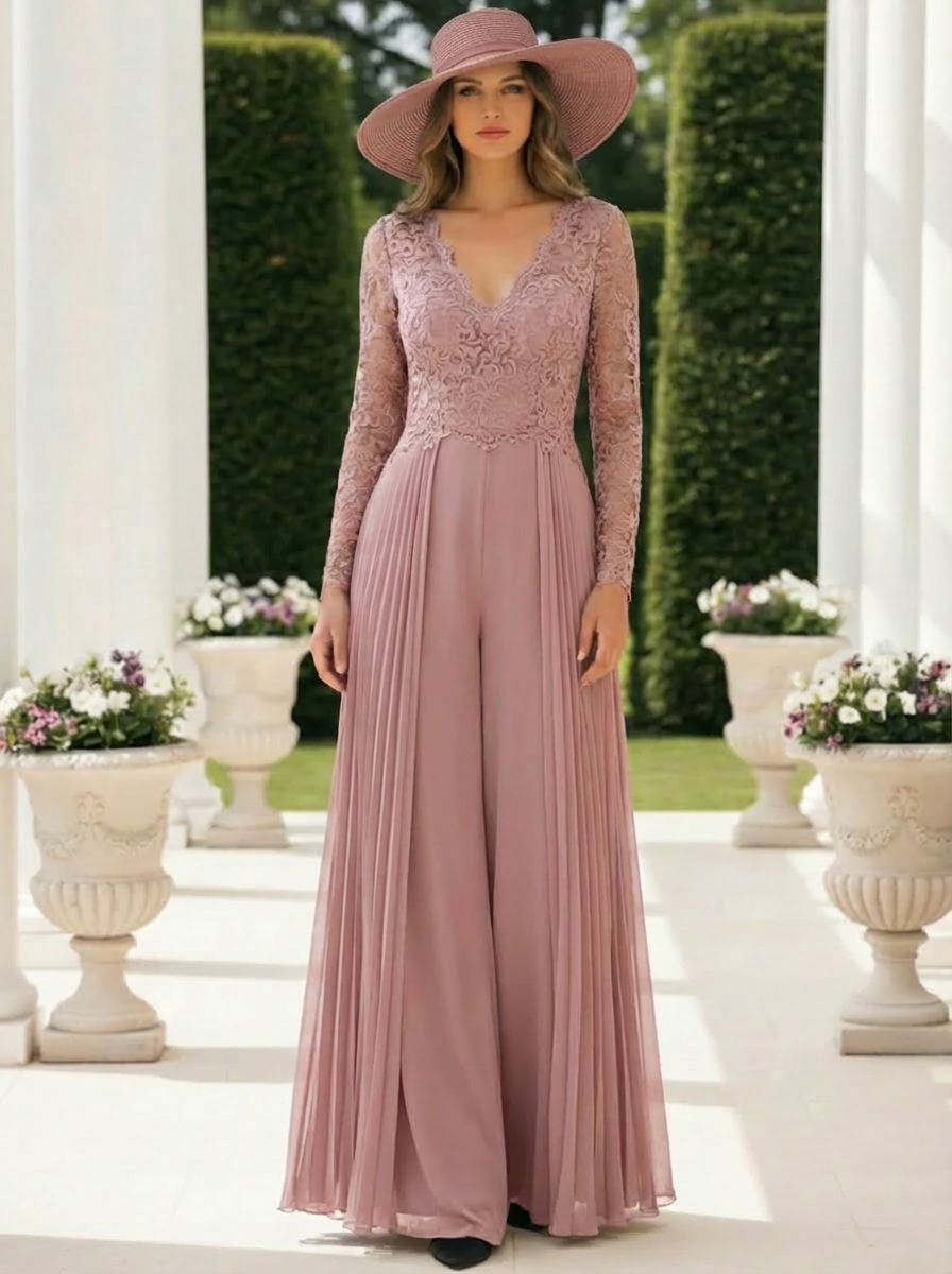 Chiffon V-Neck Floor-Length Mother of the Bride Jumpsuits Lace Long Sleeves