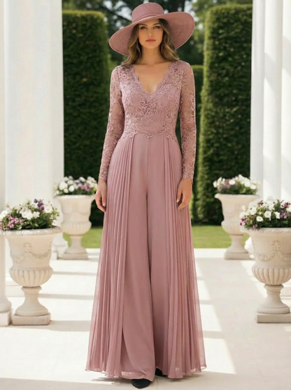 Chiffon V-Neck Floor-Length Mother of the Bride Jumpsuits Lace Long Sleeves