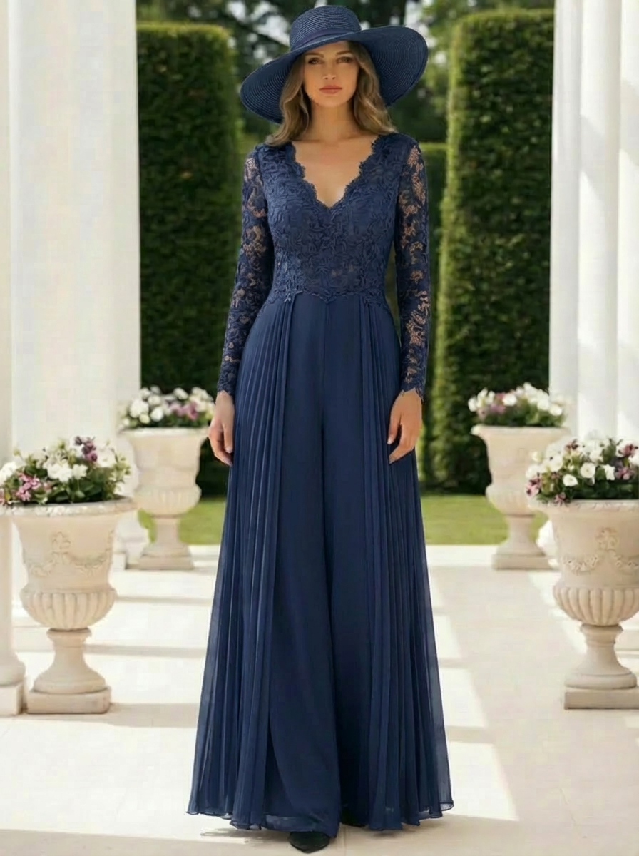 Chiffon V-Neck Floor-Length Mother of the Bride Jumpsuits Lace Long Sleeves