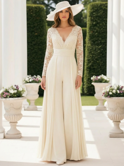 Chiffon V-Neck Floor-Length Mother of the Bride Jumpsuits Lace Long Sleeves