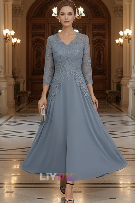 A-Line/Princess V-Neck Chiffon Mother of the Bride Dresses Lace Ankle-Length 3/4 Sleeves