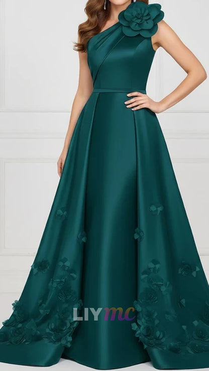 Sheath/Column One-Shoulder Satin Mother of the Bride Dresses with Overskirt Sleeveless Floor-Length 3D Flower