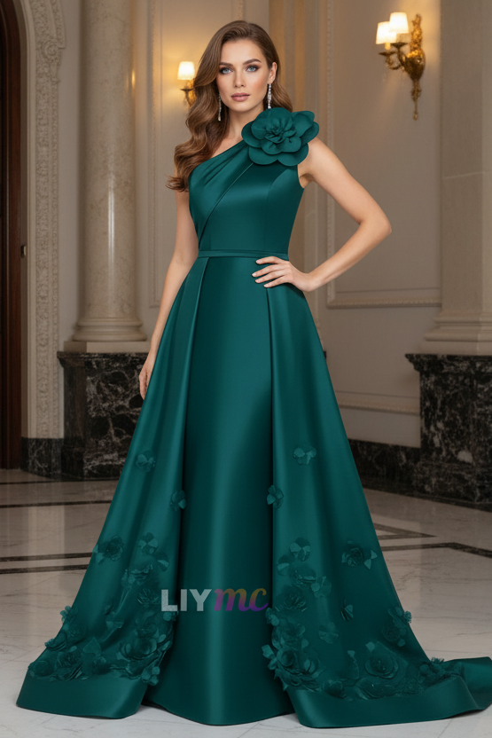 Sheath/Column One-Shoulder Satin Mother of the Bride Dresses with Overskirt Sleeveless Floor-Length 3D Flower