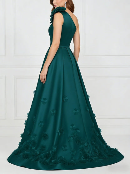 Sheath/Column One-Shoulder Satin Mother of the Bride Dresses with Overskirt Sleeveless Floor-Length 3D Flower