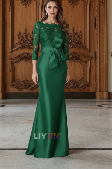 Trumpet/Mermaid Scoop Satin Mother of the Bride Dresses With Bow Lace 3/4 Sleeves Floor-Length