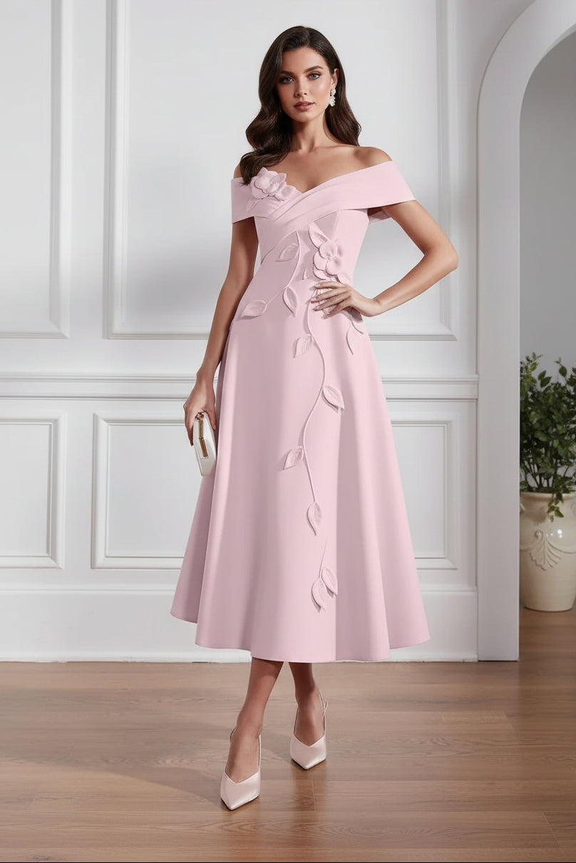 A-Line/Princess Off-the-shoulder Stretch Satin Mother of the Bride Dresses with 3D Flower Tea-Length Sleeveless