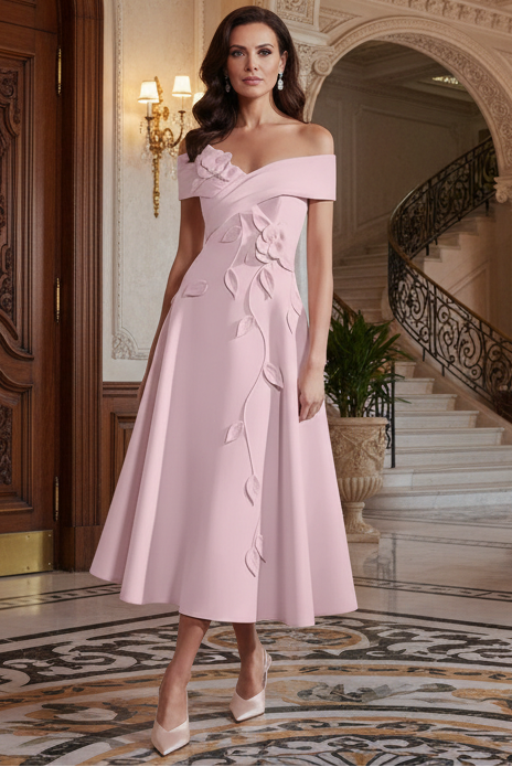 A-Line/Princess Off-the-shoulder Stretch Satin Mother of the Bride Dresses with 3D Flower Tea-Length Sleeveless