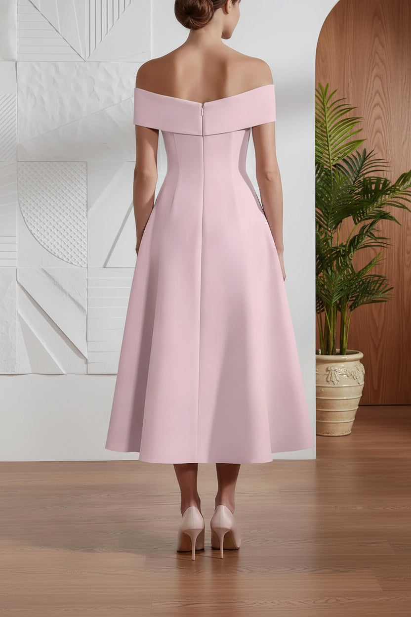 A-Line/Princess Off-the-shoulder Stretch Satin Mother of the Bride Dresses with 3D Flower Tea-Length Sleeveless
