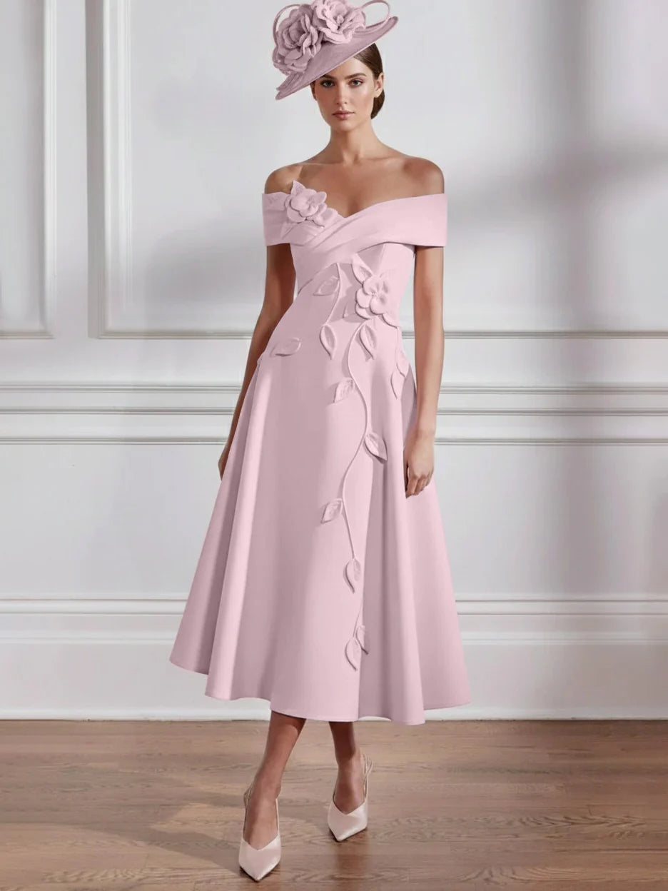 A-Line/Princess Off-the-shoulder Stretch Satin Mother of the Bride Dresses with 3D Flower Tea-Length Sleeveless