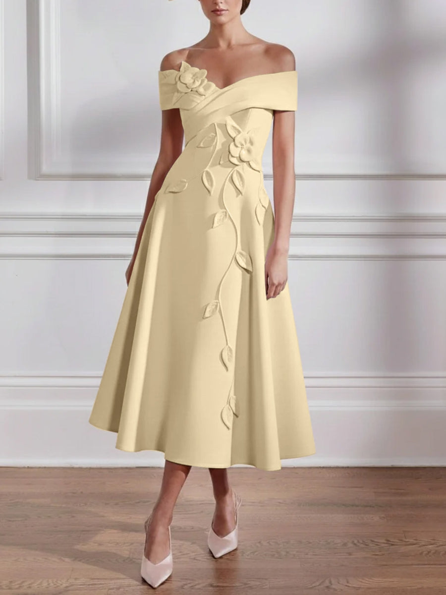 A-Line/Princess Off-the-shoulder Stretch Satin Mother of the Bride Dresses with 3D Flower Tea-Length Sleeveless