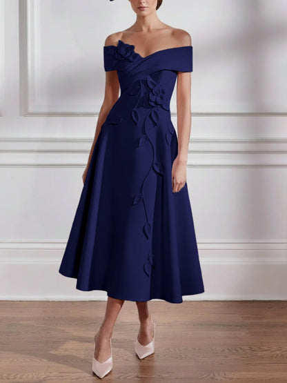 A-Line/Princess Off-the-shoulder Stretch Satin Mother of the Bride Dresses with 3D Flower Tea-Length Sleeveless
