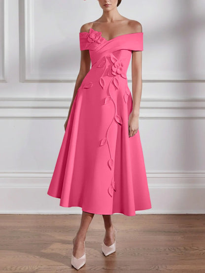 A-Line/Princess Off-the-shoulder Stretch Satin Mother of the Bride Dresses with 3D Flower Tea-Length Sleeveless