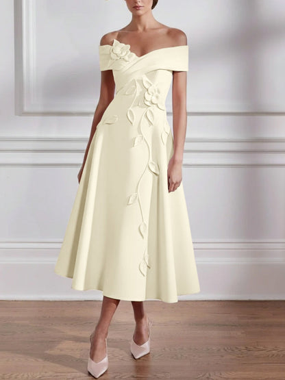 A-Line/Princess Off-the-shoulder Stretch Satin Mother of the Bride Dresses with 3D Flower Tea-Length Sleeveless