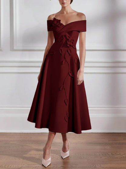 A-Line/Princess Off-the-shoulder Stretch Satin Mother of the Bride Dresses with 3D Flower Tea-Length Sleeveless
