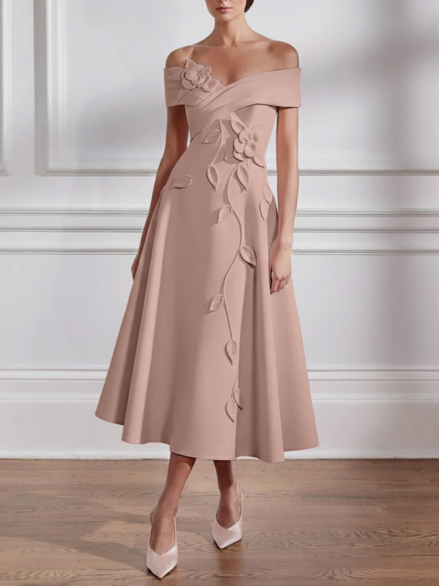 A-Line/Princess Off-the-shoulder Stretch Satin Mother of the Bride Dresses with 3D Flower Tea-Length Sleeveless