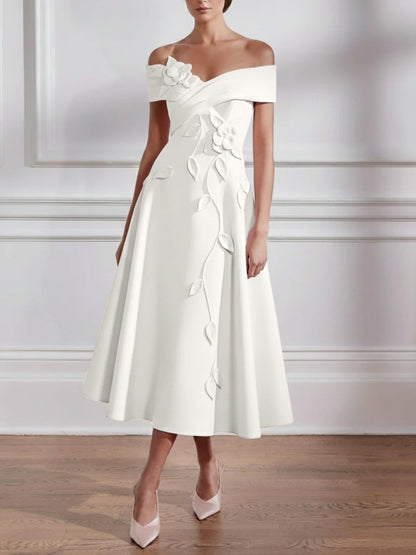 A-Line/Princess Off-the-shoulder Stretch Satin Mother of the Bride Dresses with 3D Flower Tea-Length Sleeveless