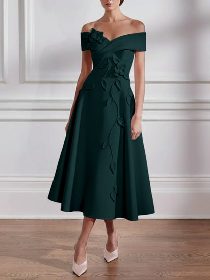 A-Line/Princess Off-the-shoulder Stretch Satin Mother of the Bride Dresses with 3D Flower Tea-Length Sleeveless