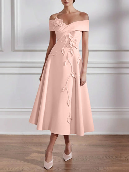 A-Line/Princess Off-the-shoulder Stretch Satin Mother of the Bride Dresses with 3D Flower Tea-Length Sleeveless