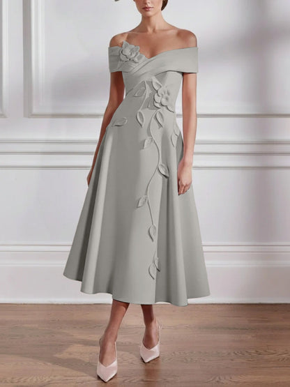 A-Line/Princess Off-the-shoulder Stretch Satin Mother of the Bride Dresses with 3D Flower Tea-Length Sleeveless