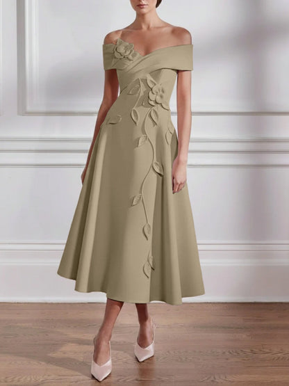 A-Line/Princess Off-the-shoulder Stretch Satin Mother of the Bride Dresses with 3D Flower Tea-Length Sleeveless