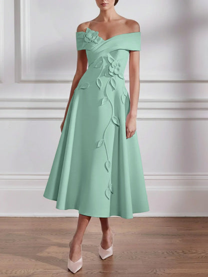 A-Line/Princess Off-the-shoulder Stretch Satin Mother of the Bride Dresses with 3D Flower Tea-Length Sleeveless