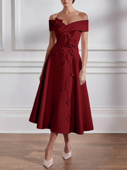A-Line/Princess Off-the-shoulder Stretch Satin Mother of the Bride Dresses with 3D Flower Tea-Length Sleeveless