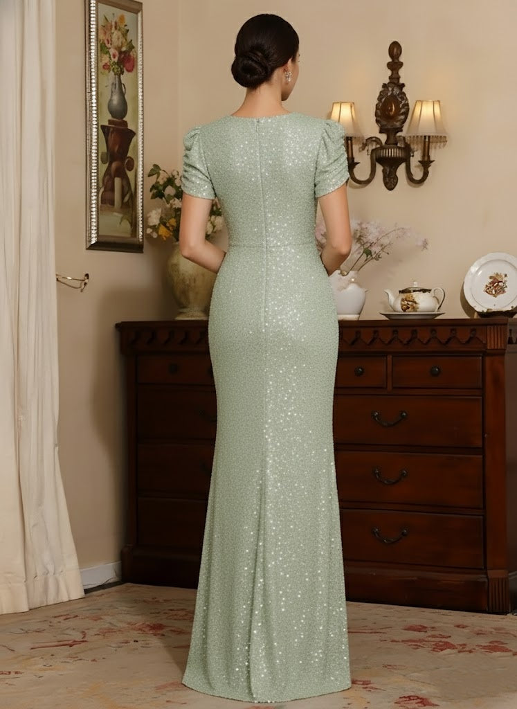 Sheath/Column Scoop Sequins Mother of the Bride Dresses Floor-Length Short Sleeves