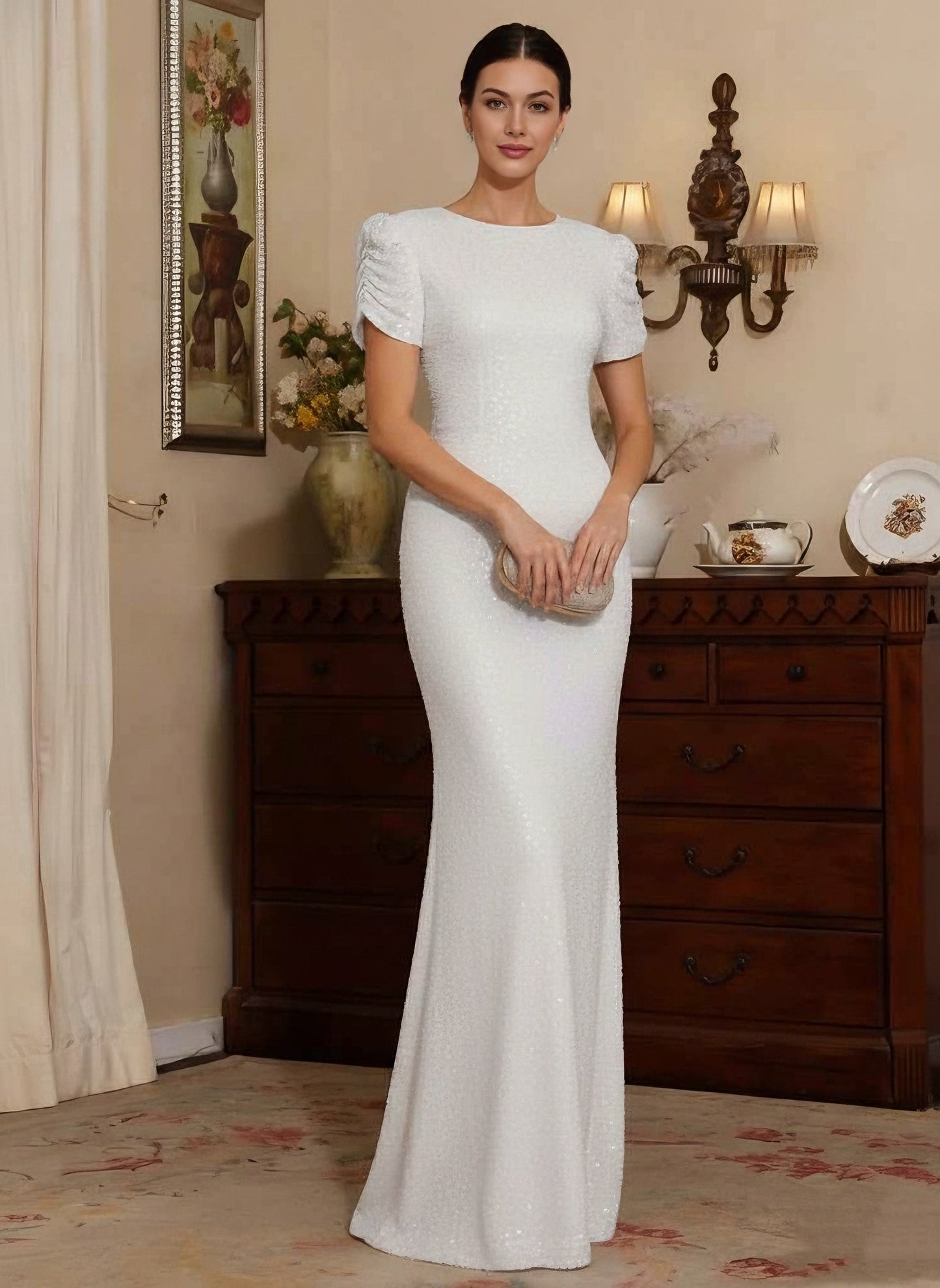 Sheath/Column Scoop Sequins Mother of the Bride Dresses Floor-Length Short Sleeves