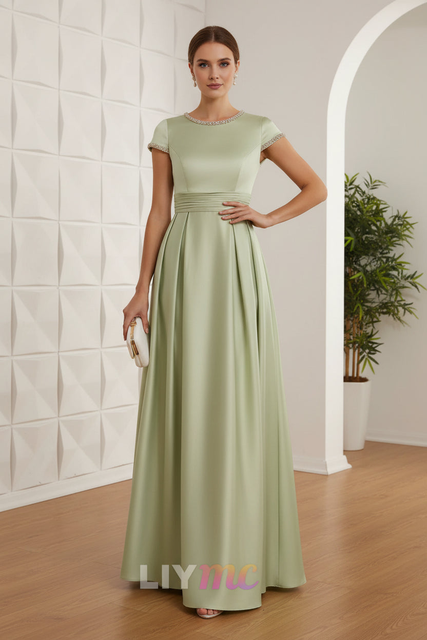 A-Line/Princess Silk Satin Jewel Neck Mother ofthe Bride Dresses Floor Length Short Sleeves Rhinestone