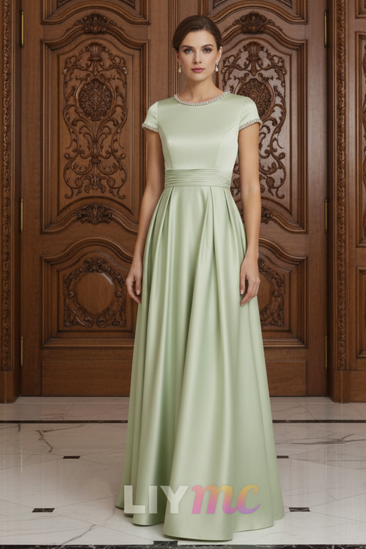 A-Line/Princess Silk Satin Jewel Neck Mother ofthe Bride Dresses Floor Length Short Sleeves Rhinestone