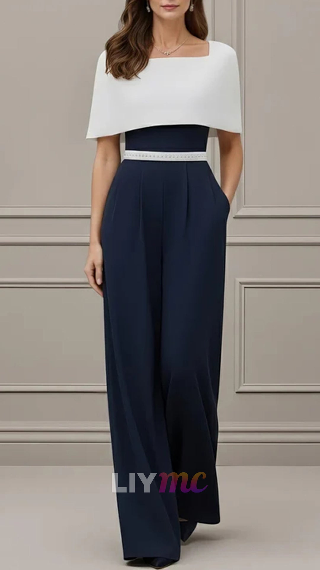 Square Collar Stretch Satin Mother of the Bride Jumpsuit Floor-Length Cape Sleeves Sash