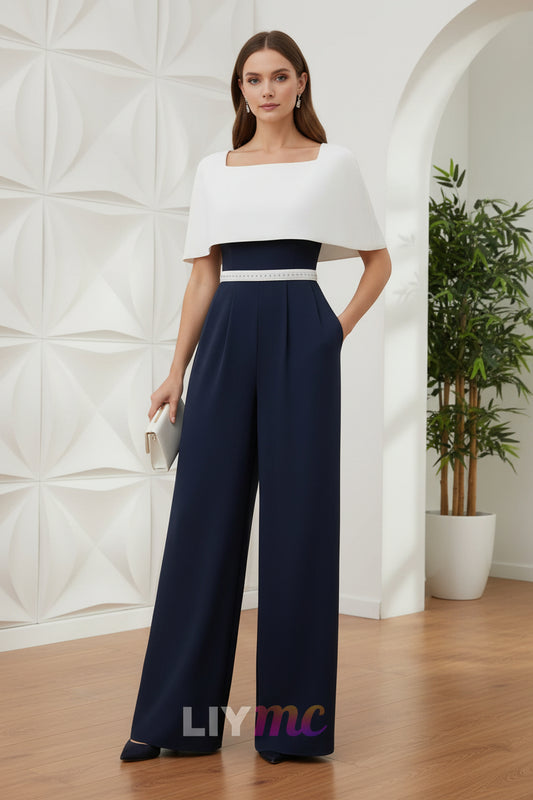 Square Collar Stretch Satin Mother of the Bride Jumpsuit Floor-Length Cape Sleeves Sash