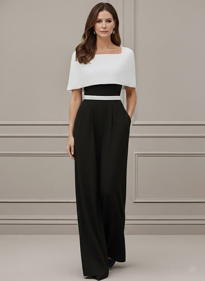 Square Collar Stretch Satin Mother of the Bride Jumpsuit Floor-Length Cape Sleeves Sash