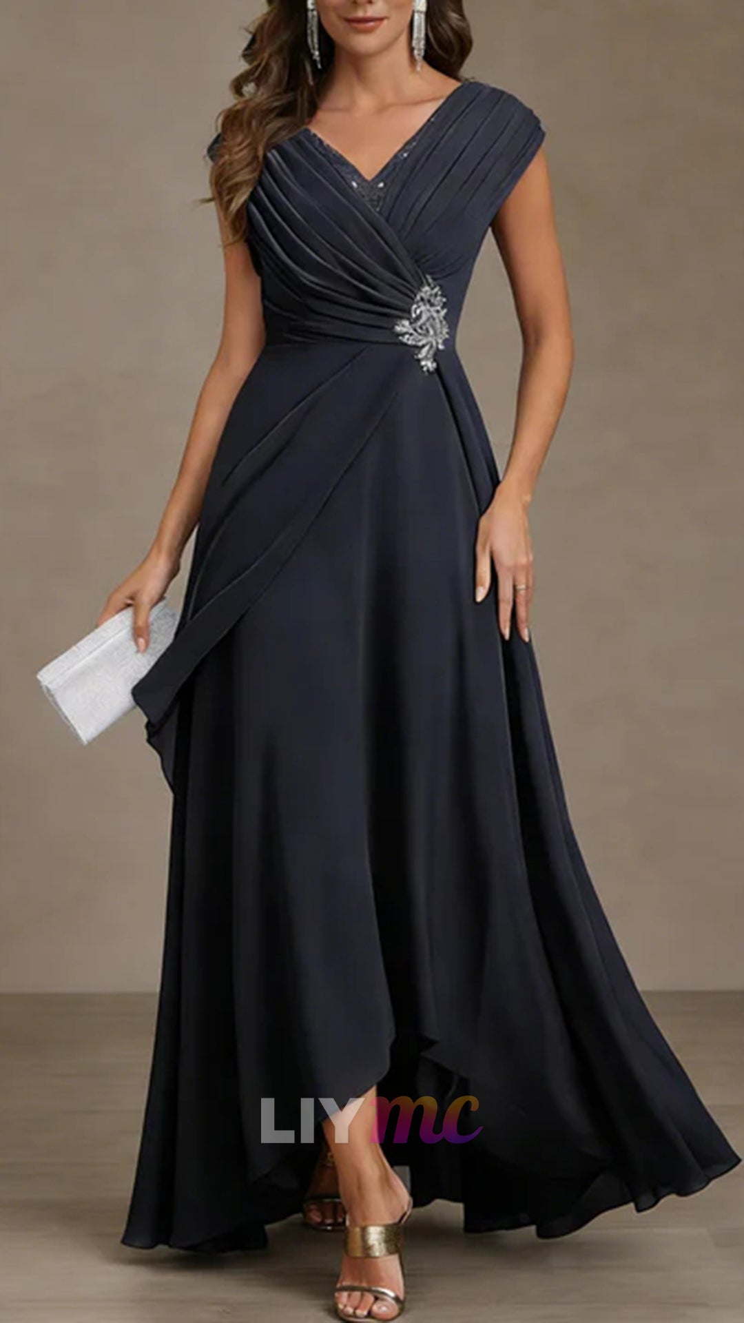 A-Line/Princess V-Neck Chiffon Mother of the Bride Dresses Asymmetrical Floor-Length Sequins Ruched