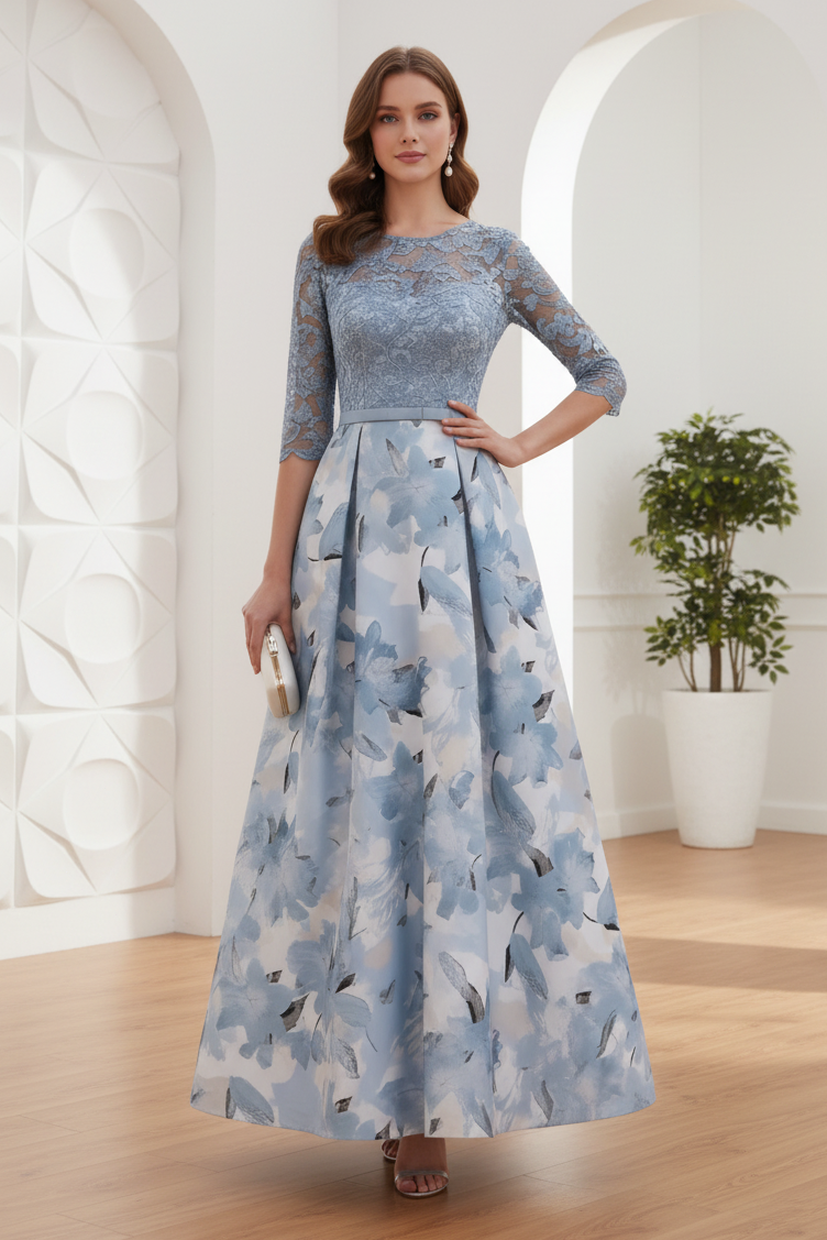 A-Line/Princess Scoop Satin Mother of the Bride Dresses Lace Ankle-Length Half Sleeves Printed Flower