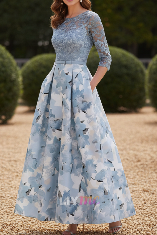 A-Line/Princess Scoop Satin Mother of the Bride Dresses Lace Ankle-Length Half Sleeves Printed Flower