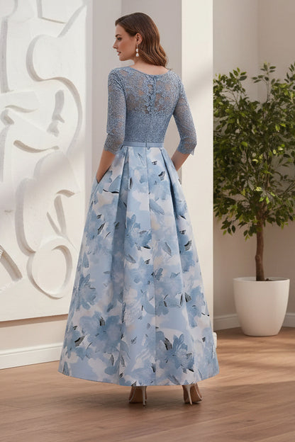A-Line/Princess Scoop Satin Mother of the Bride Dresses Lace Ankle-Length Half Sleeves Printed Flower