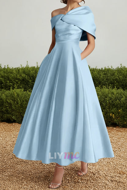 A-Line/Princess Off-The-Shoulder Satin Mother Of The Bride Dresses Sleeveless Ankle-Length with Ruffles & Bowknot