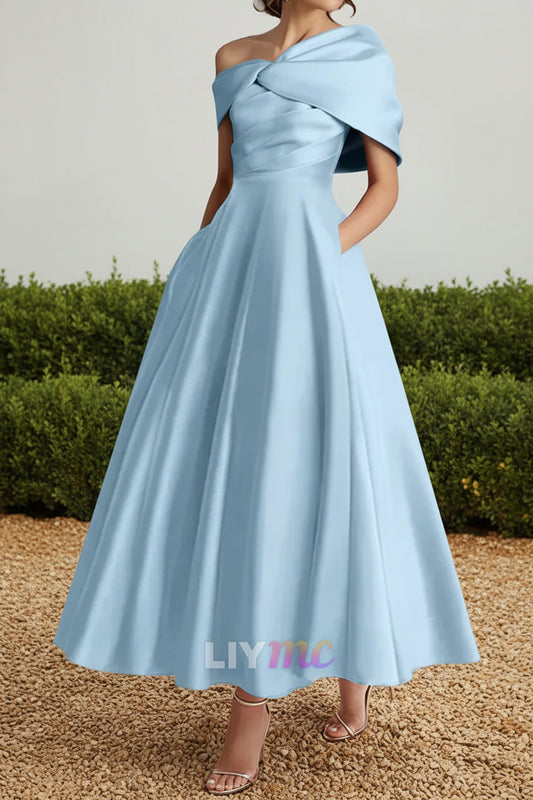 A-Line/Princess Off-The-Shoulder Satin Mother Of The Bride Dresses Sleeveless Ankle-Length with Ruffles & Bowknot