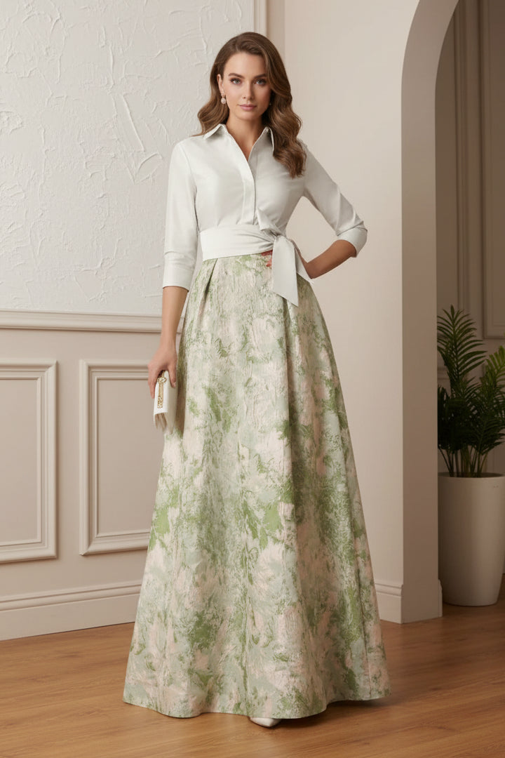 A-Line/Princess Shirt Collar Mother of the Bride Dresses Satin 3/4 Sleeves Floor-Length Floral Bowknot