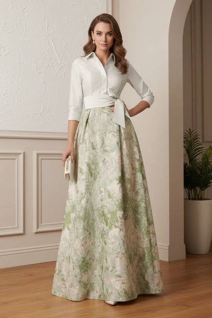 A-Line/Princess Shirt Collar Mother of the Bride Dresses Satin 3/4 Sleeves Floor-Length Floral Bowknot