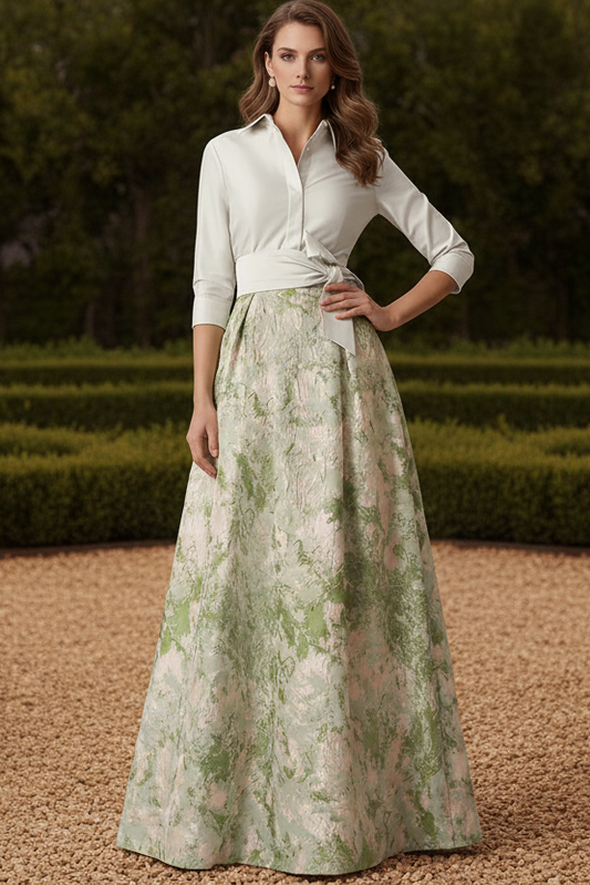 A-Line/Princess Shirt Collar Mother of the Bride Dresses Satin 3/4 Sleeves Floor-Length Floral Bowknot