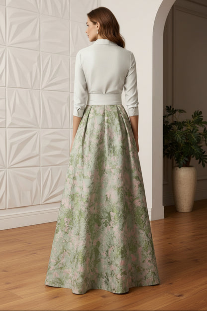 A-Line/Princess Shirt Collar Mother of the Bride Dresses Satin 3/4 Sleeves Floor-Length Floral Bowknot