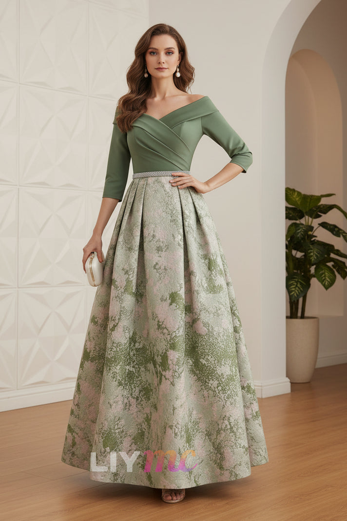 A-Line/Princess Off-the-Shoulder Mother of the Bride Dresses Satin 3/4 Sleeves Ankle-Length Floral Sash